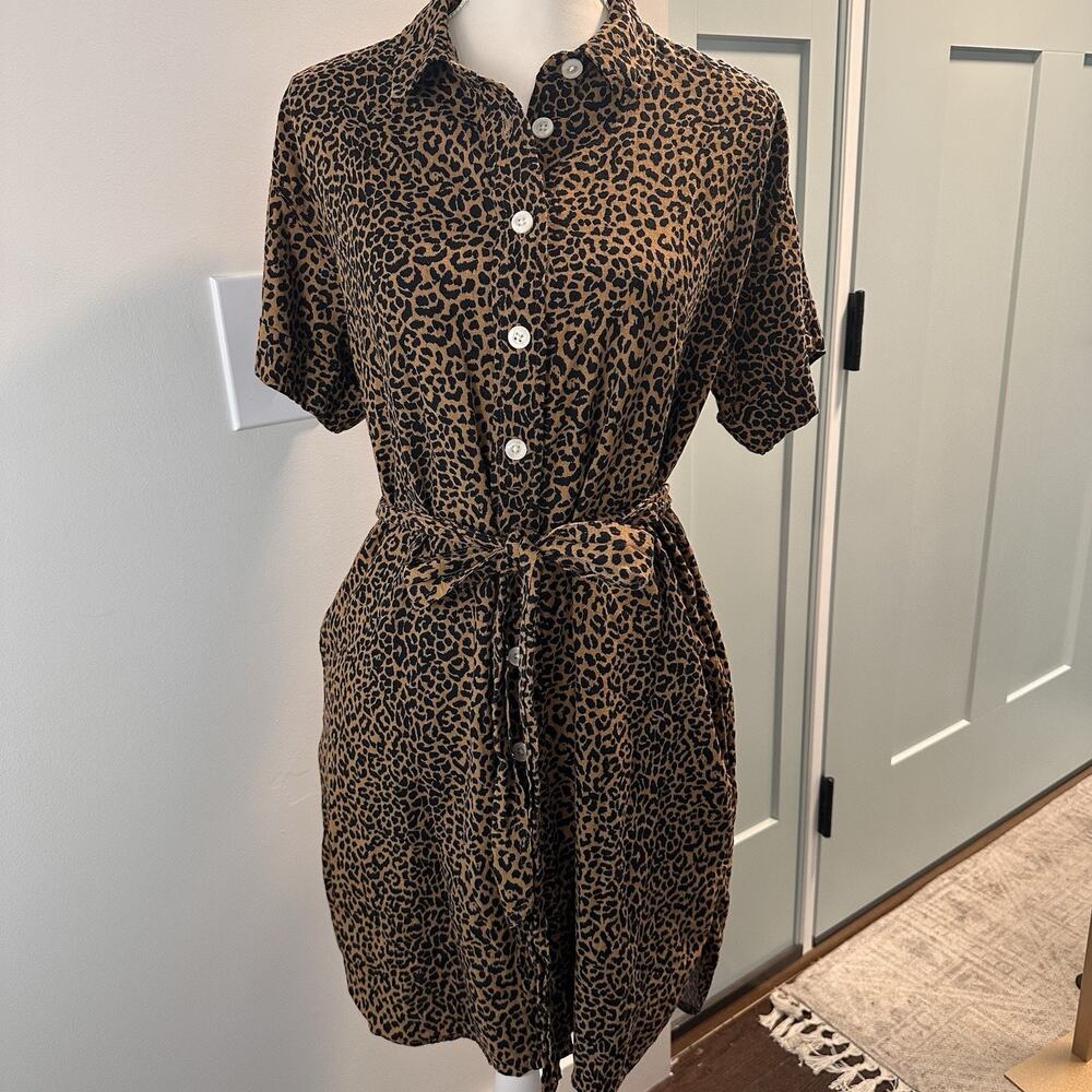J.Crew Factory Leopard Linen Blend Belted Mini Shirt Dress Size M